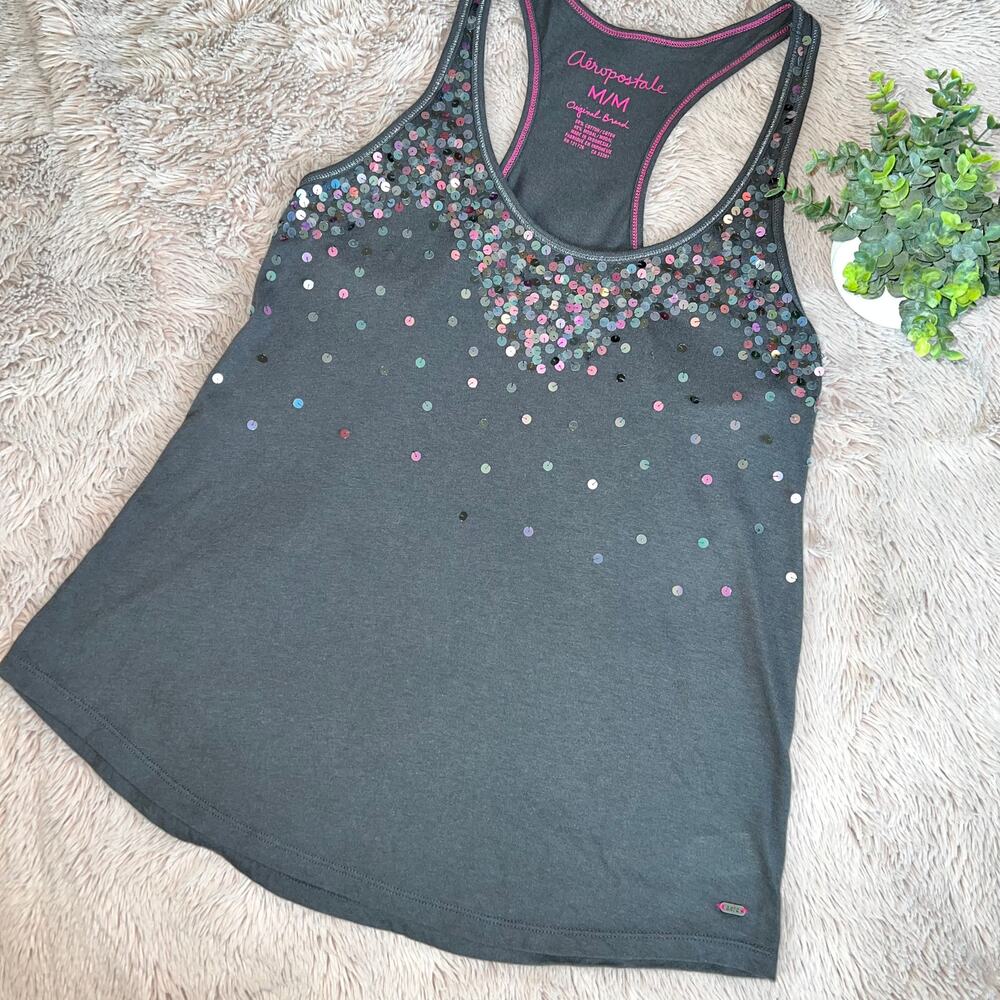 Aeropostale Gray Sequin Racerback Layering Tank Top Size: Medium